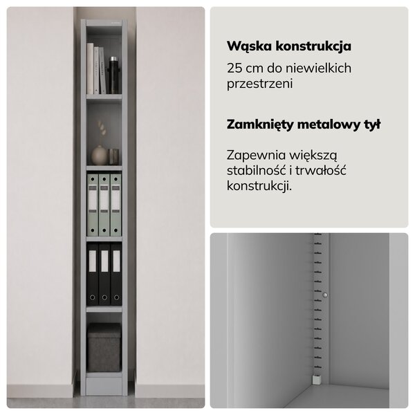 Regał metalowy wąski, archiwizacyjny na dokumenty szary, 250x1850x400 mm: TIM