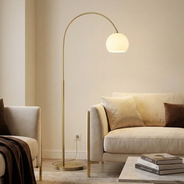 Lampa łukowa - lampa stojąca Cynthia Lindby, mosiężny / złoty, salon / jadalnia, szkło, nowoczesny