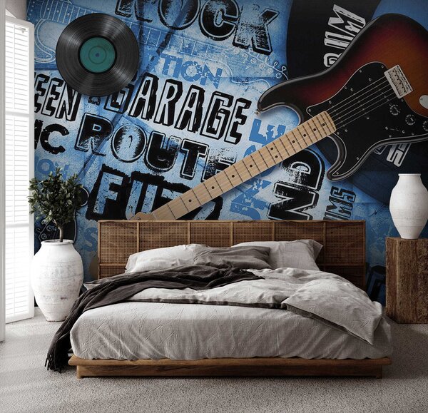 Fototapeta Gitara i nagranie na niebieskim tle, Fototapety Dziecięce, Popularne Fototapety, u06794 - Tapeko.pl