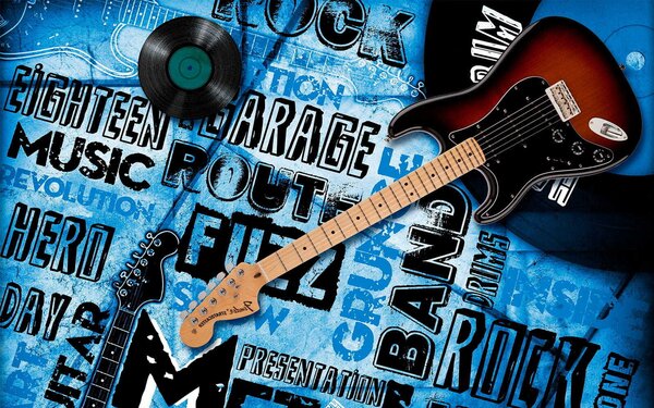 Fototapeta Gitara i nagranie na niebieskim tle, Fototapety Dziecięce, Popularne Fototapety, u06794 - Tapeko.pl