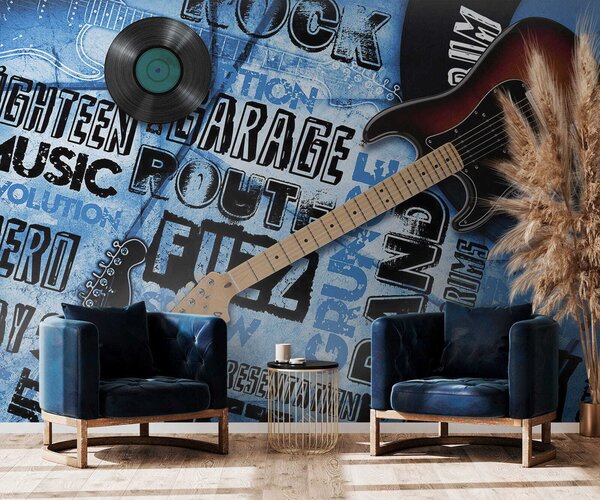 Fototapeta Gitara i nagranie na niebieskim tle, Fototapety Dziecięce, Popularne Fototapety, u06794 - Tapeko.pl