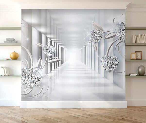 Fototapeta Biały korytarz z diamentami i kwiatami, Fototapety 3d, Popularne Fototapety, u07513 - Tapeko.pl