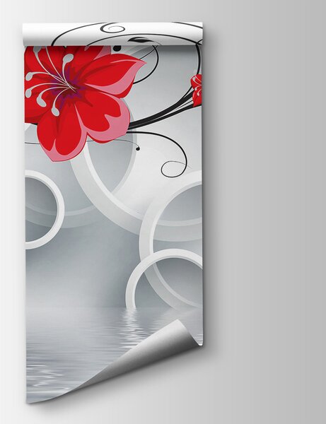 Fototapeta Tapeta z czerwonymi kwiatami i białymi kółkami, Fototapety 3d z kwiatami, Popularne Fototapety, u08994 - Tapeko.pl