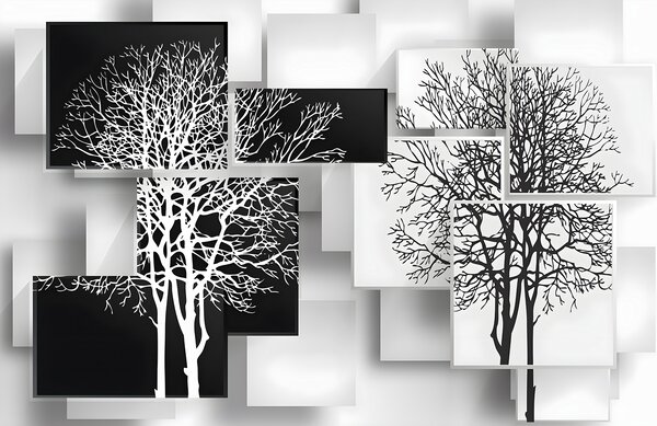 Fototapeta Grupa czarno-białych kwadratów z drzewami, Fototapety 3d z figurami, Popularne Fototapety, u09369 - Tapeko.pl