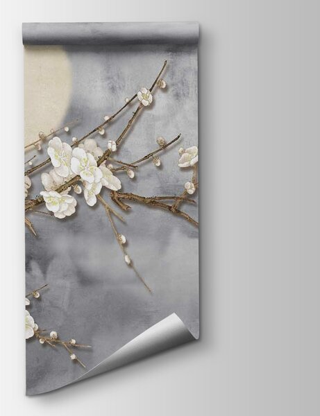 Fototapeta Ptak na gałęzi z białymi kwiatami, Fototapety design, Popularne Fototapety, u09726 - Tapeko.pl