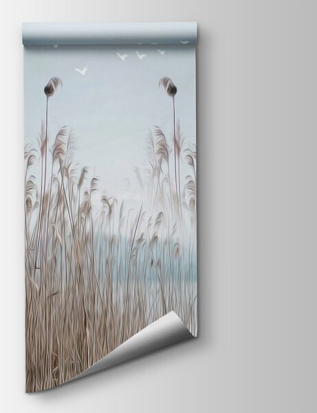 Fototapeta Grupa wysokich traw z ptakami latającymi na niebie, Fototapety Natura, Popularne Fototapety, u13642 - Tapeko.pl