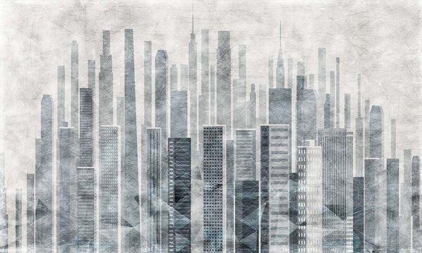 Fototapeta Panorama miasta z wieloma wysokimi budynkami, Fototapety 3d z figurami, Popularne Fototapety, u15524 - Tapeko.pl
