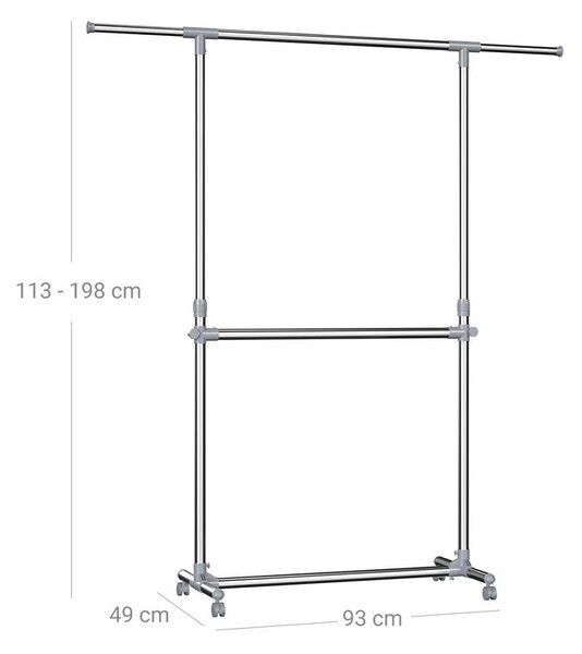 Stojak na ubrania dwupoziomowy JASON, 93x49x113-198cm, srebrna SongmicsHome