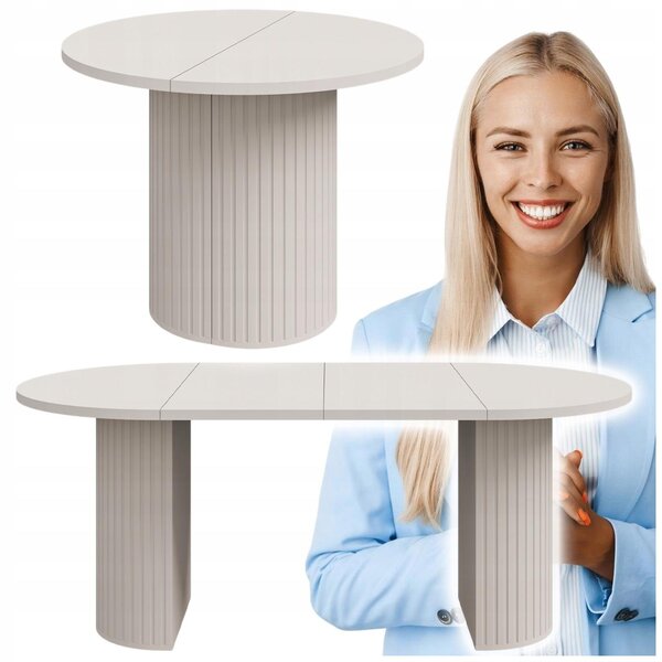 Stół okrągły rozkładany do kuchni jadalni ryflowany 100/188cm beż piaskowy LIO