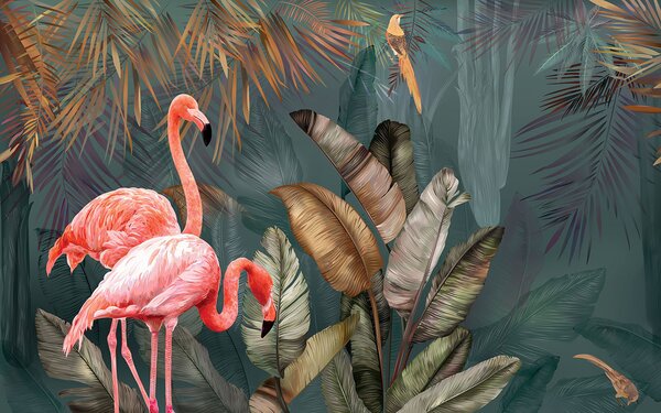 Fototapeta Różowe flamingi i ptak w lesie, Fototapety design, Popularne Fototapety, u21344 - Tapeko.pl