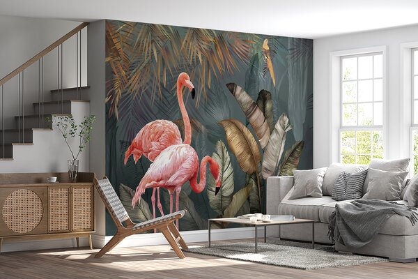 Fototapeta Różowe flamingi i ptak w lesie, Fototapety design, Popularne Fototapety, u21344 - Tapeko.pl
