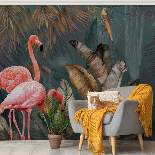 Fototapeta Różowe flamingi i ptak w lesie, Fototapety design, Popularne Fototapety, u21344 - Tapeko.pl