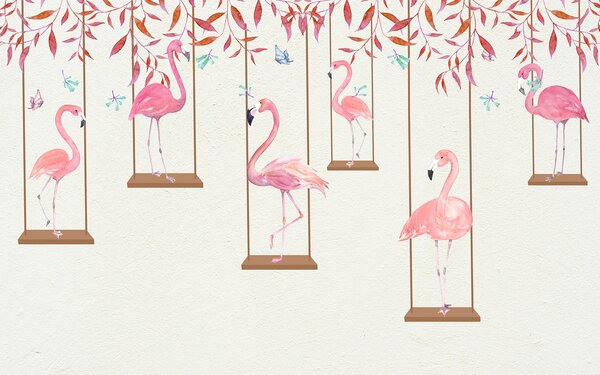 Fototapeta Grupa flamingów na huśtawkach, Fototapety Dziecięce, Popularne Fototapety, u21345 - Tapeko.pl