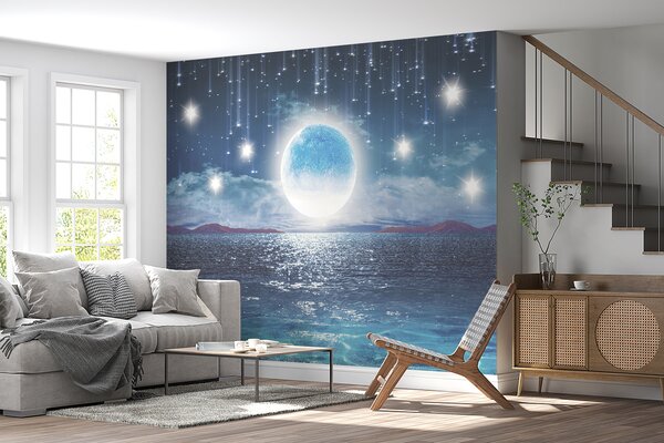 Fototapeta Księżyc nad wodą z gwiazdami i chmurami, Fototapety design, Popularne Fototapety, u23205 - Tapeko.pl