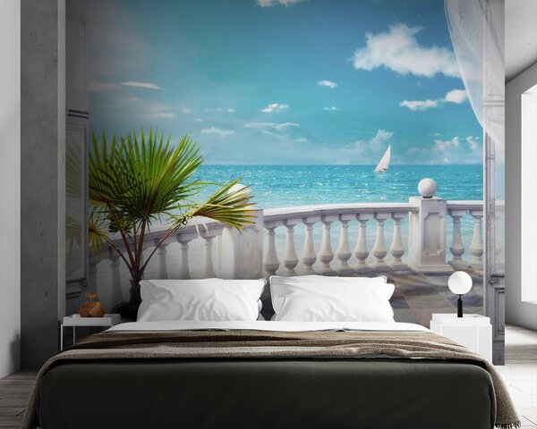 Fototapeta Balkon z palmą i żaglówką na wodzie, Fototapety Morze i Plaża, Popularne Fototapety, u26132 - Tapeko.pl