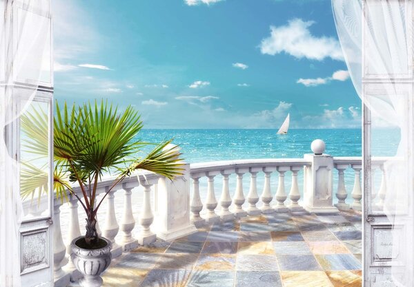 Fototapeta Balkon z palmą i żaglówką na wodzie, Fototapety Morze i Plaża, Popularne Fototapety, u26132 - Tapeko.pl