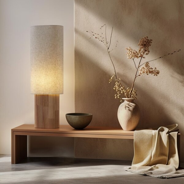 Lampa podłogowa Japandi drewniana z lnianym abażurem 90 cm - Lamel