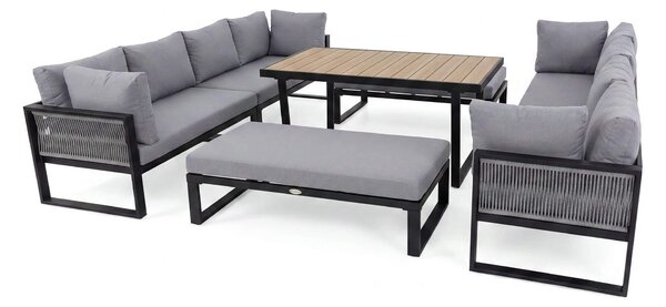 MebleMWM Zestaw mebli ogrodowych SIENA DUO + Stół Sycylia | Aluminium czarny | Szare poduszki