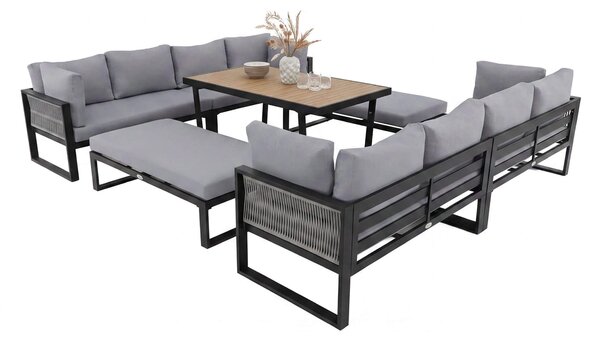 MebleMWM Zestaw mebli ogrodowych SIENA DUO + Stół Sycylia | Aluminium czarny | Szare poduszki