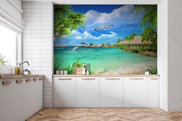 Fototapeta Plaża z chatką i kilkoma ptakami, Fototapety design, Popularne Fototapety, u26969 - Tapeko.pl