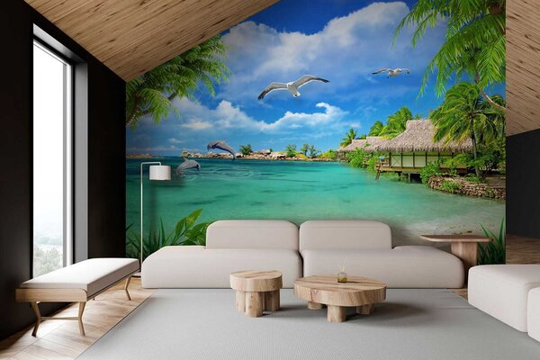 Fototapeta Plaża z chatką i kilkoma ptakami, Fototapety design, Popularne Fototapety, u26969 - Tapeko.pl