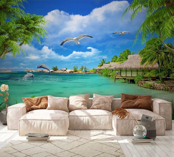 Fototapeta Plaża z chatką i kilkoma ptakami, Fototapety design, Popularne Fototapety, u26969 - Tapeko.pl