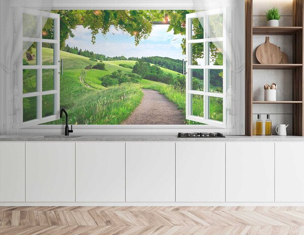 Fototapeta Okno z otwartymi drzwiami i ścieżka przez trawiaste pole, Fototapety 3d, Popularne Fototapety, u28196 - Tapeko.pl