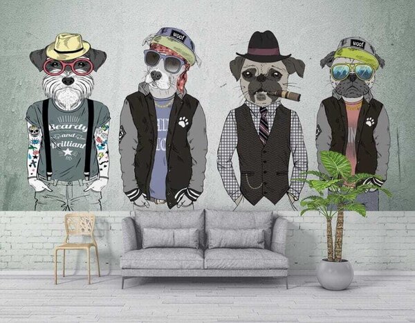 Fototapeta Grupa psów w kapeluszach i okularach przeciwsłonecznych, Fototapety Dla chłopców, Popularne Fototapety, u28592 - Tapeko.pl