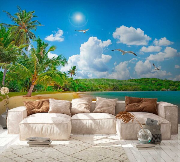 Fototapeta Plaża z palmami i zbiornikiem wodnym, Fototapety Natura, Popularne Fototapety, u31410 - Tapeko.pl