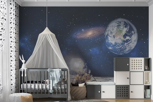 Fototapeta Księżyc z planetą i gwiazdami oraz planetą w tle, Fototapety design, Popularne Fototapety, u32021 - Tapeko.pl