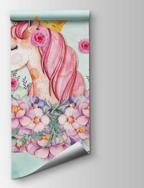 Fototapeta Akwarelowy jednorożec z koroną i kwiatami, Fototapety Dziecięce, Popularne Fototapety, u33736 - Tapeko.pl