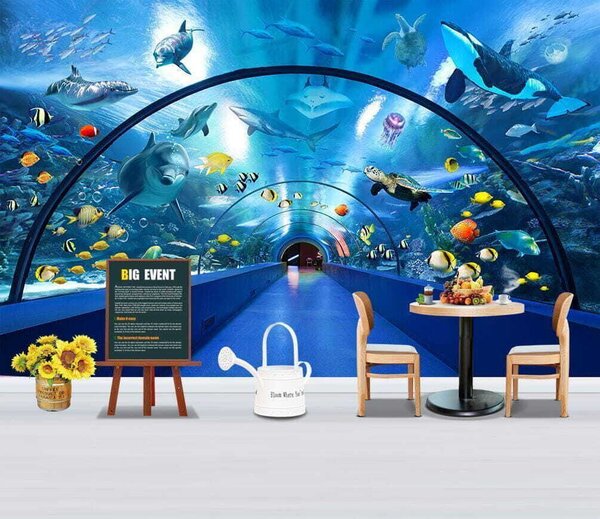 Fototapeta Tunel z rybami i zwierzętami, Fototapety 3d z kwiatami, Popularne Fototapety, u34490 - Tapeko.pl