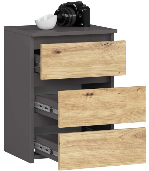 Loftowa szafka nocna z 3 szufladami grafit + dąb artisan F3-R62