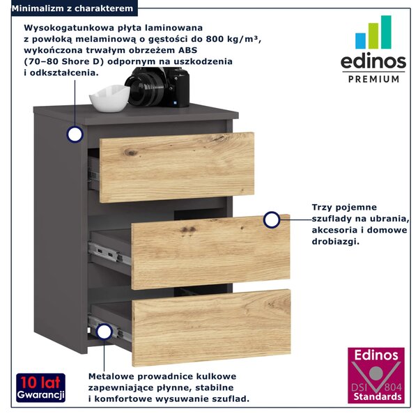 Loftowa szafka nocna z 3 szufladami grafit + dąb artisan F3-R62