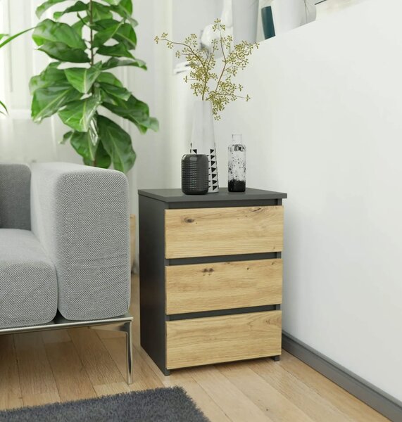 Loftowa szafka nocna z 3 szufladami grafit + dąb artisan F3-R62