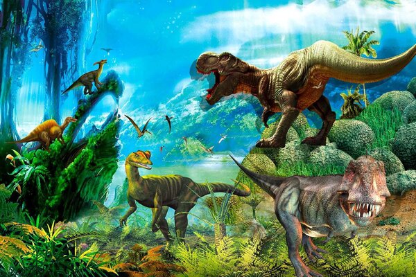 Fototapeta Grupa dinozaurów w lesie, Fototapety z zwierzętami, Popularne Fototapety, u35232 - Tapeko.pl