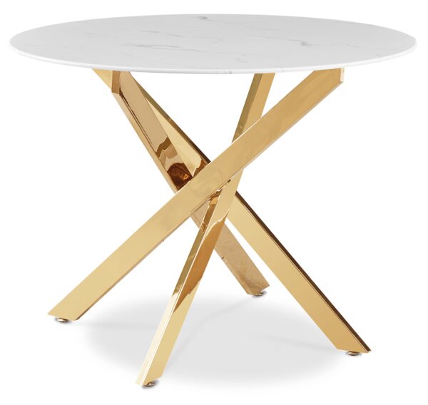 Zestaw Stół Okrągły BALI 100 cm Biały Marmur/Złoty i 4 Krzesła Tapicerowane LUCKY Zielone Glamour