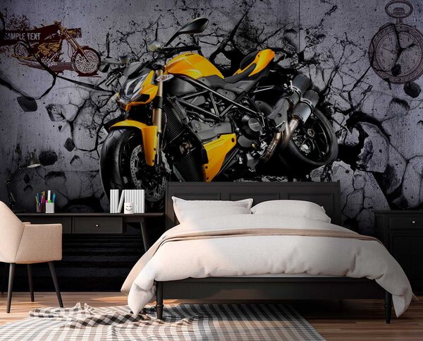 Fototapeta Żółty motocykl na ścianie, Fototapety design, Popularne Fototapety, u37780 - Tapeko.pl