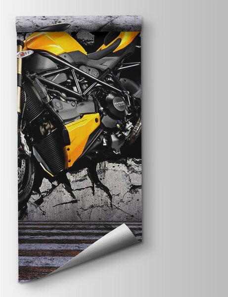Fototapeta Żółty motocykl na ścianie, Fototapety design, Popularne Fototapety, u37780 - Tapeko.pl