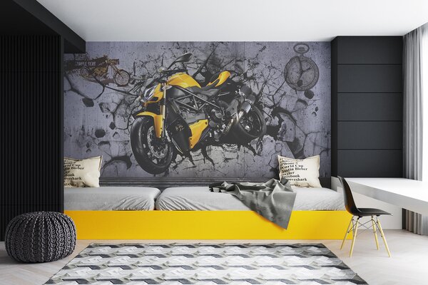Fototapeta Żółty motocykl na ścianie, Fototapety design, Popularne Fototapety, u37780 - Tapeko.pl