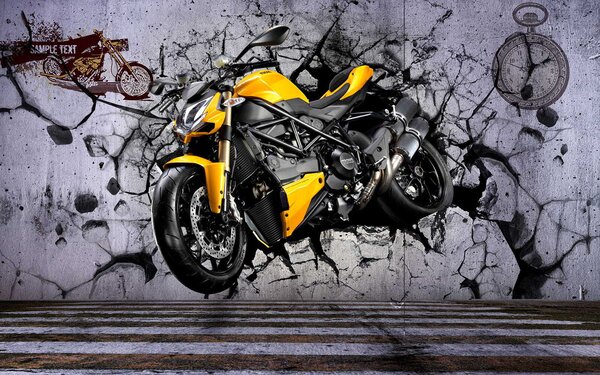 Fototapeta Żółty motocykl na ścianie, Fototapety design, Popularne Fototapety, u37780 - Tapeko.pl