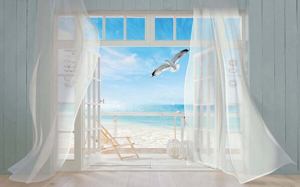 Fototapeta Widok plaży z pokoju z przelatującym ptakiem, Fototapety Morze i Plaża, Popularne Fototapety, u40534 - Tapeko.pl