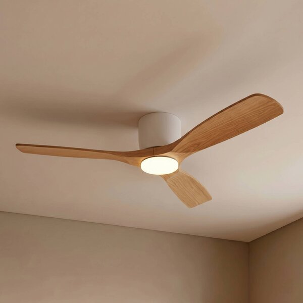 Wentylator sufitowy Lucande Smart LED Moneno, biały/drewniany, Tuya Moneno Lucande, możliwość ściemniania, jasne drewno, salon / jadalnia, metal, nowoczesny