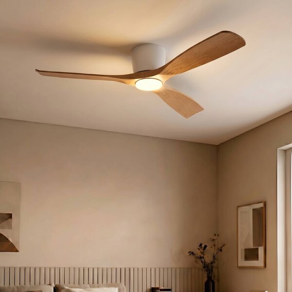 Wentylator sufitowy Lucande Smart LED Moneno, biały/drewniany, Tuya Moneno Lucande, możliwość ściemniania, jasne drewno, salon / jadalnia, metal, nowoczesny