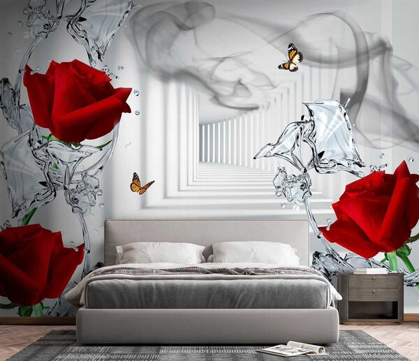 Fototapeta Czerwone róże i motyle w szklance, Fototapety 3d z kwiatami, Popularne Fototapety, u41092 - Tapeko.pl