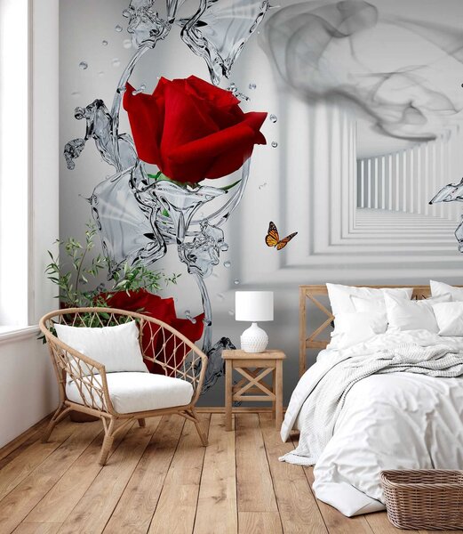 Fototapeta Czerwone róże i motyle w szklance, Fototapety 3d z kwiatami, Popularne Fototapety, u41092 - Tapeko.pl