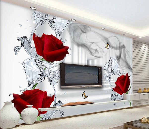 Fototapeta Czerwone róże i motyle w szklance, Fototapety 3d z kwiatami, Popularne Fototapety, u41092 - Tapeko.pl