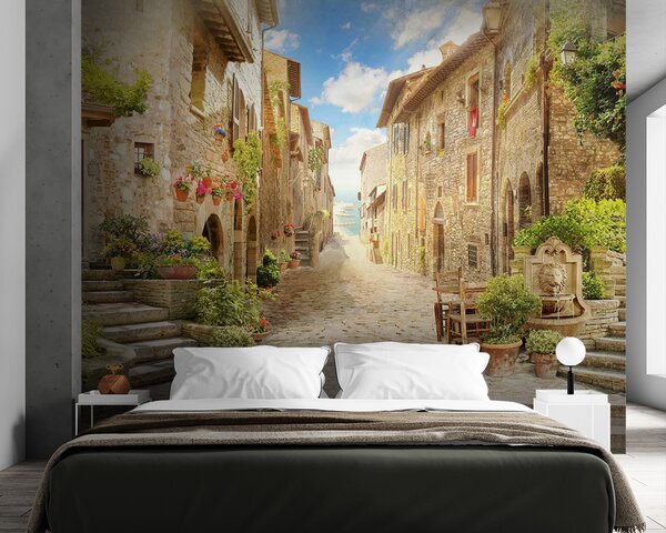 Fototapeta Kamienna ulica z kamiennymi budynkami i roślinami, Fototapety Architektura, Popularne Fototapety, u42397 - Tapeko.pl