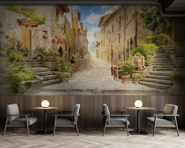 Fototapeta Kamienna ulica z kamiennymi budynkami i roślinami, Fototapety Architektura, Popularne Fototapety, u42397 - Tapeko.pl