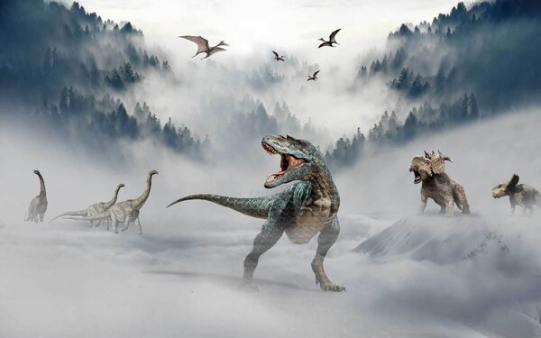 Fototapeta Grupa dinozaurów na śniegu, Fototapety z zwierzętami, Popularne Fototapety, u43363 - Tapeko.pl